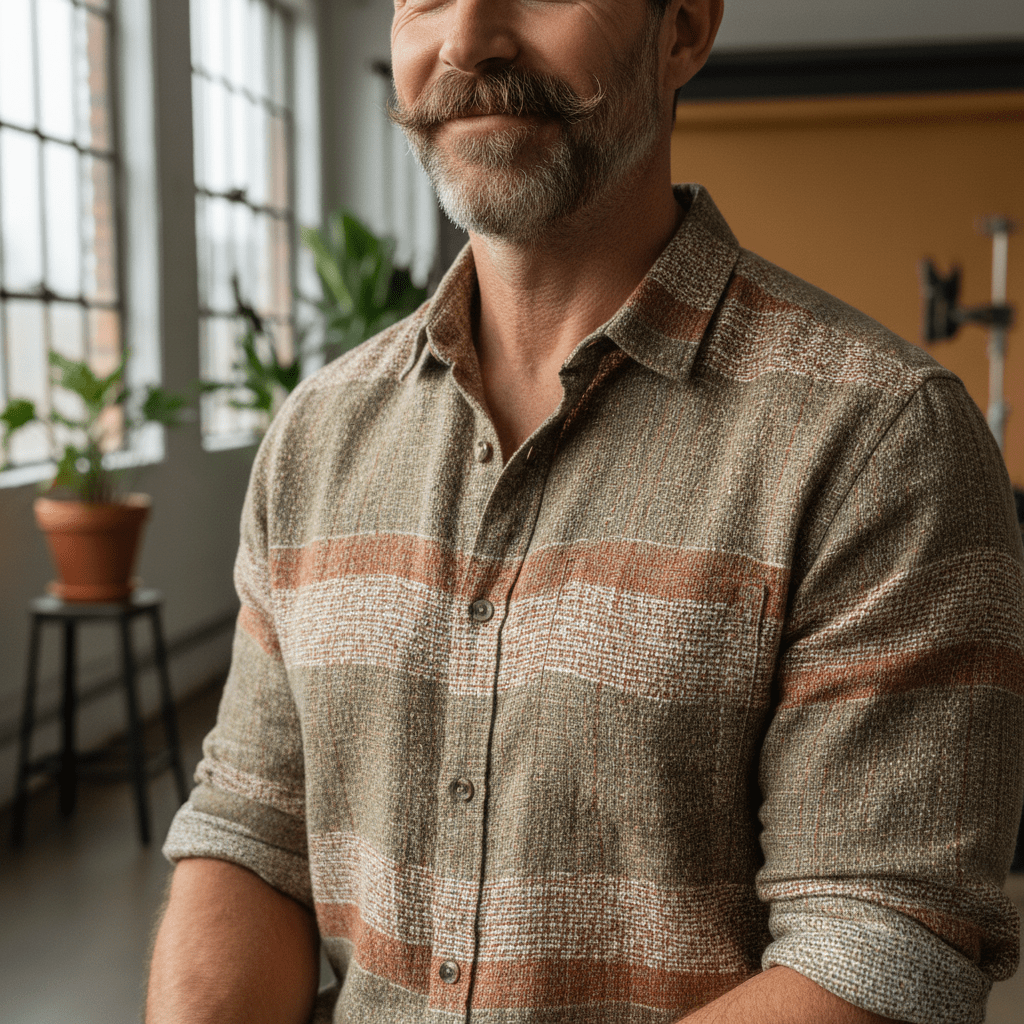 Man with casual goatee and scruff in a linen shirt, relaxed studio grooming.