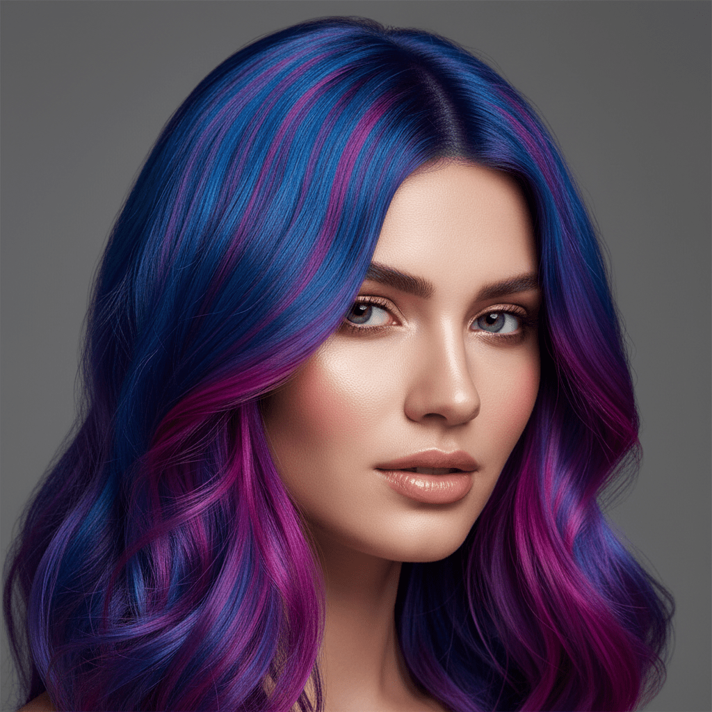 Model with luminescent electric blue, magenta, and purple hair with smooth flowing strands.