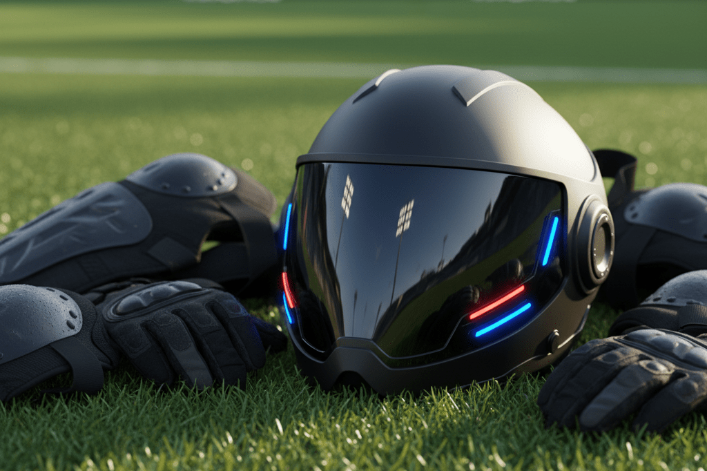 Highly detailed protective sports helmet with sensors and athletic accessories, emphasizing modern safety innovations