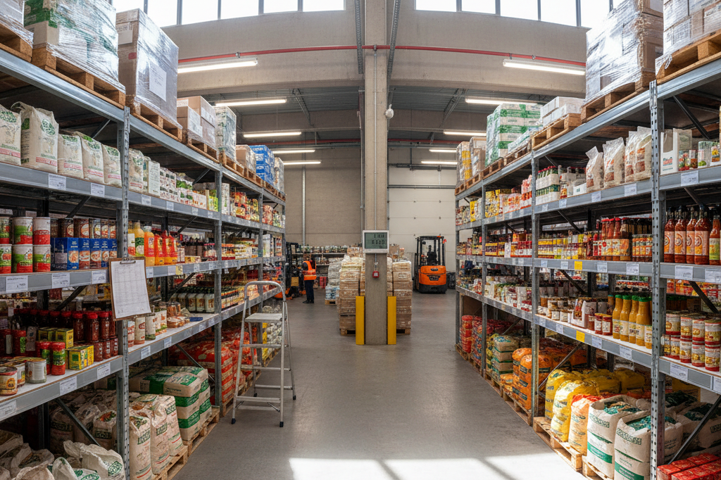 Wide shot of warehouse shelves with packaged goods, clipboard, and monitoring devices reflecting inventory control systems