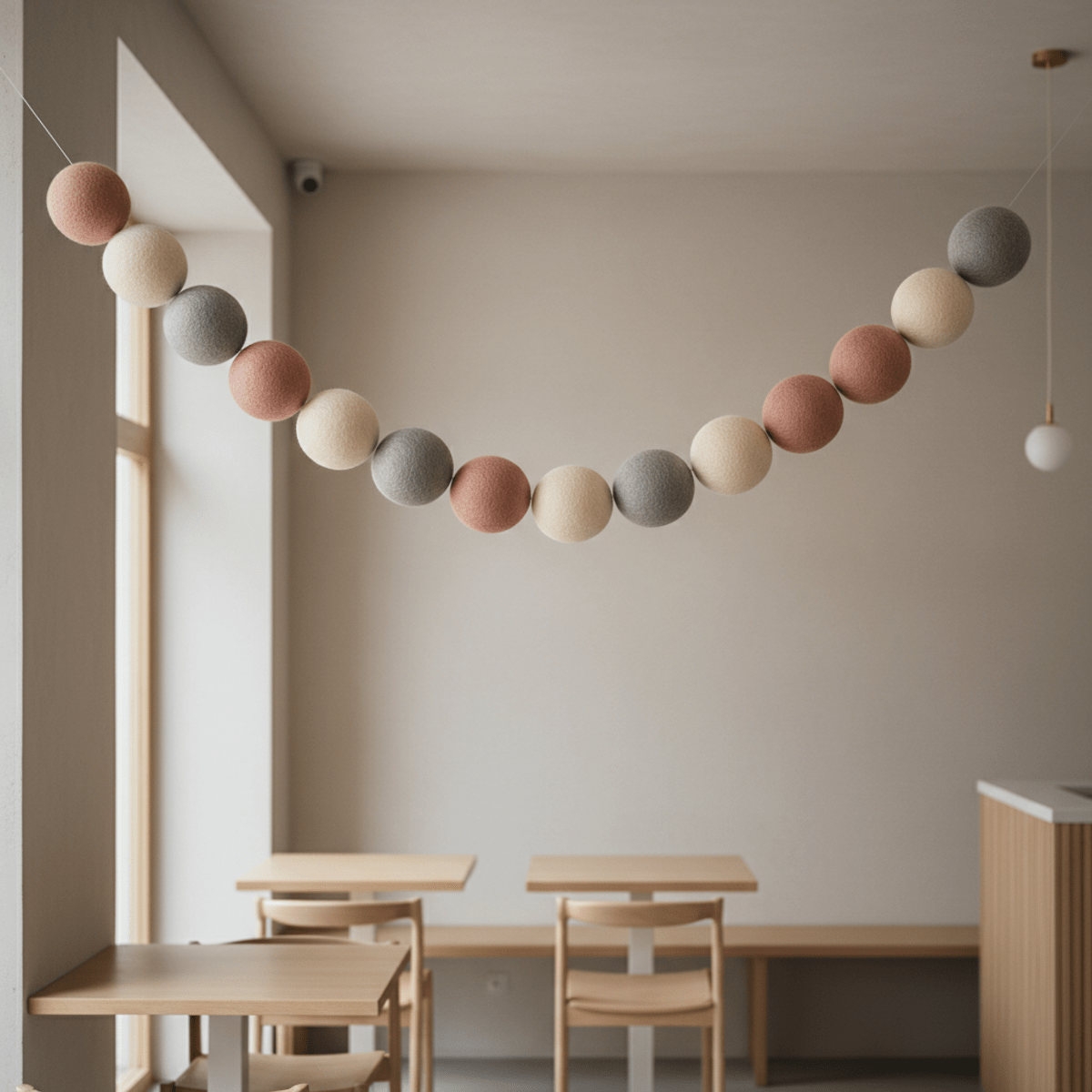 Zen-inspired felt balloon garland in a minimalist cafe with neutral tones.