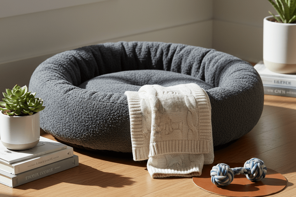 Premium pet bed styled for French Bulldog owners Close-up photo of a luxury pet bed with breed-specific accessories under warm ambient light, showcasing upscale pet retail trends