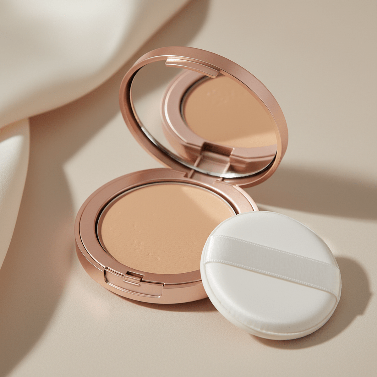Close-up of matte Korean foundation balm in compact with glossy puff.
