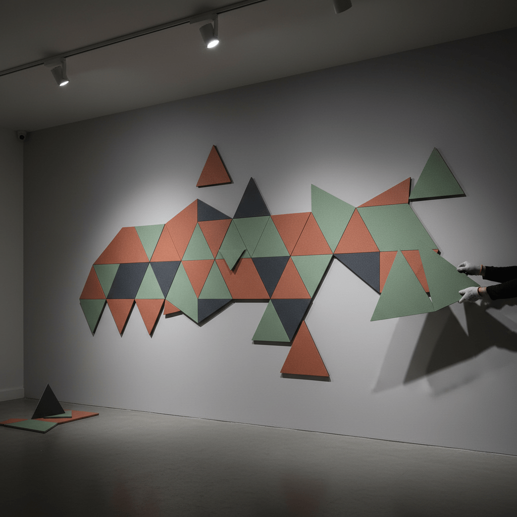 Evolving geometric artscape with magnetic wall stickers Dynamic geometric wall art created with magnetic stickers in a studio setting.