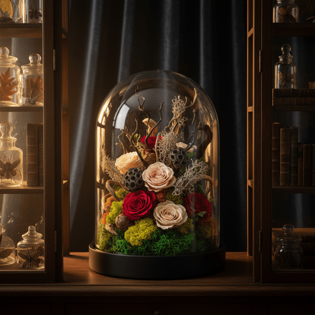 Forever flower arrangement in glass cloche with moss, roses, and seed pods.