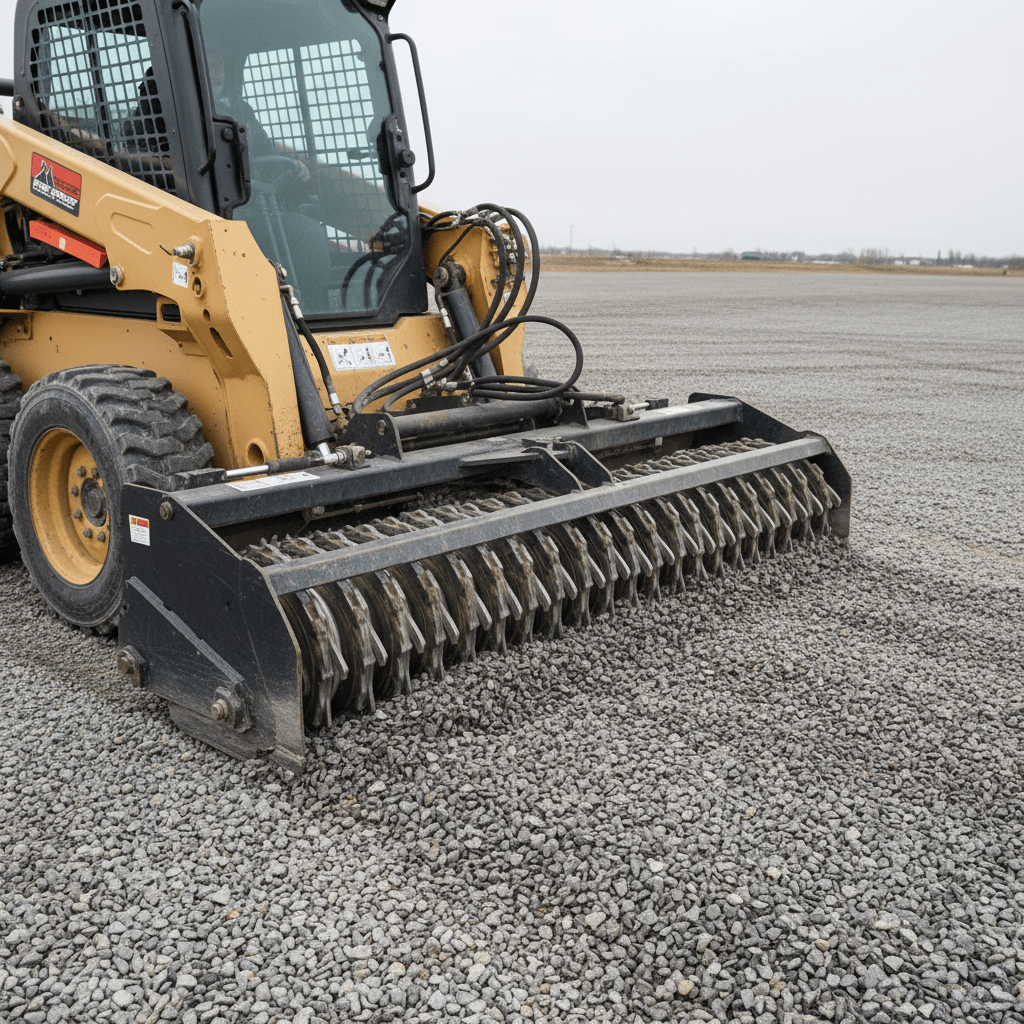Skid steer power rake leveling gravel parking lot with hydraulic angling.