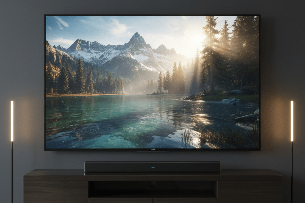 Large 4K TV displaying vivid fantasy scenery with ray tracing, surrounded by premium audio gear in a dimly lit room