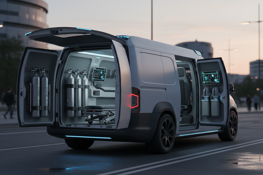 Wide shot of emergency vehicle with advanced medical gear showcasing space tech influence under ambient lighting