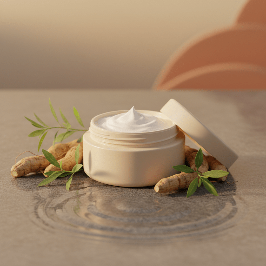 Whipped wrinkle cream with ashwagandha root and herbs on a rippling stone surface.