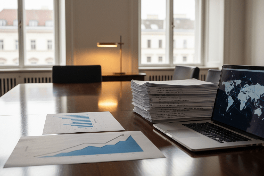 Conference table with sales charts and shipping manifests under natural light symbolizing successful international event marketing