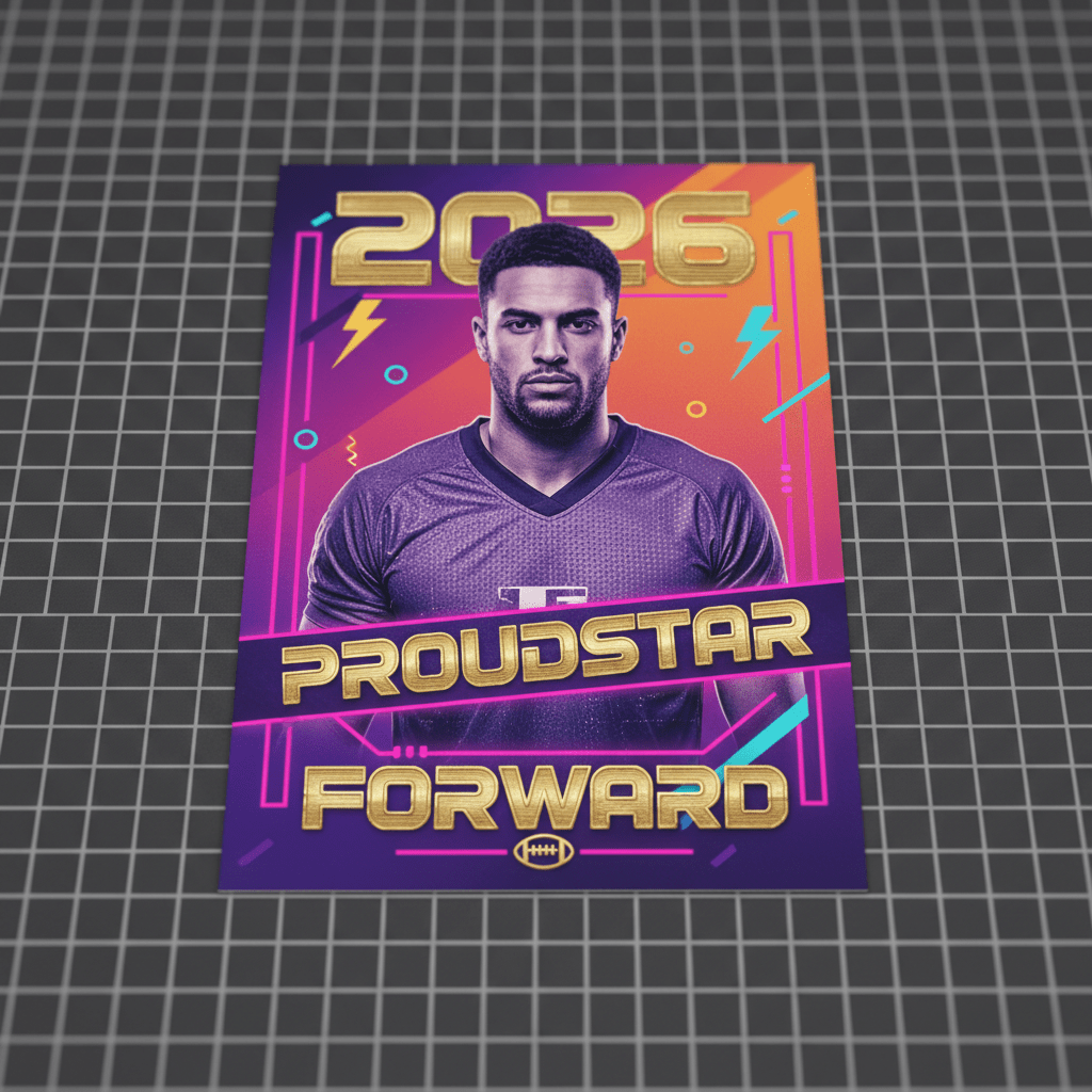 Retro football card with player portrait, geometric fonts, and vibrant color-blocked background.