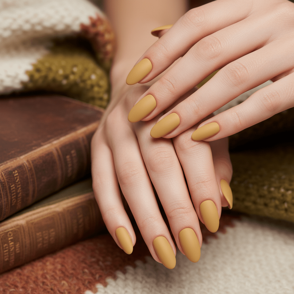 Elegant hands with muted mustard yellow nails against vintage books and wool.