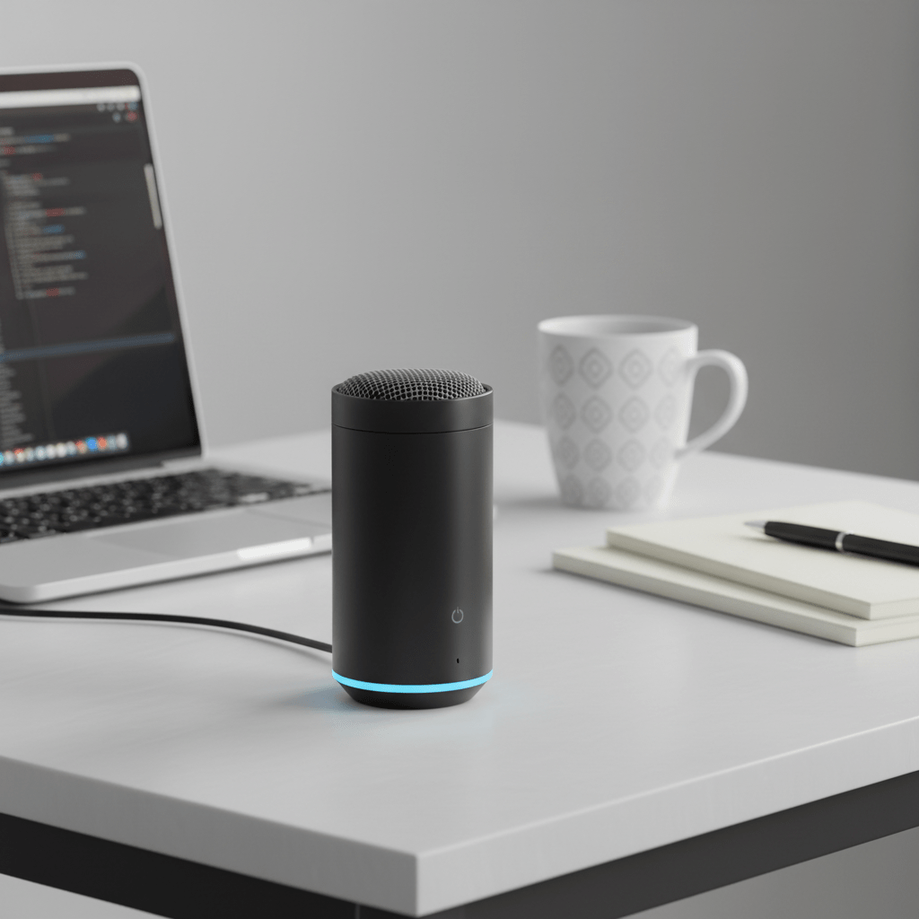 Sleek budget microphone on a modern desk with laptop and coffee mug.