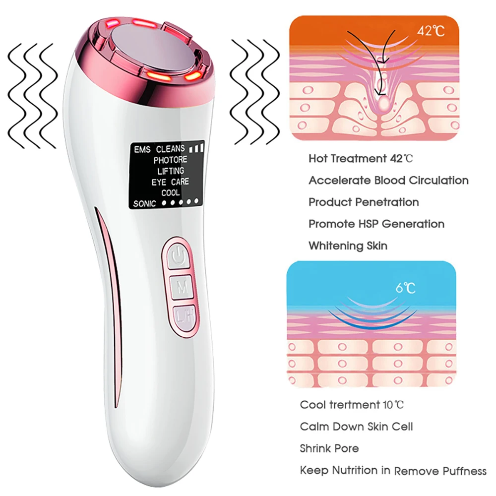 Hot Cool Compress Sonic Vibration Wrinkle Removal Face Massager Anti Aging LED Photon Skin Rejuvenation Facial Beauty Device