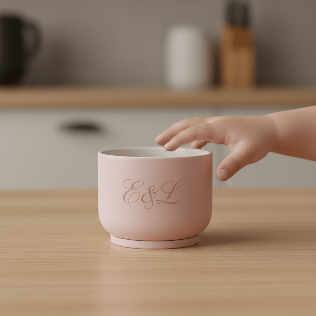 Matte ceramic snack cup with engraved monogram, child's hand reaching.