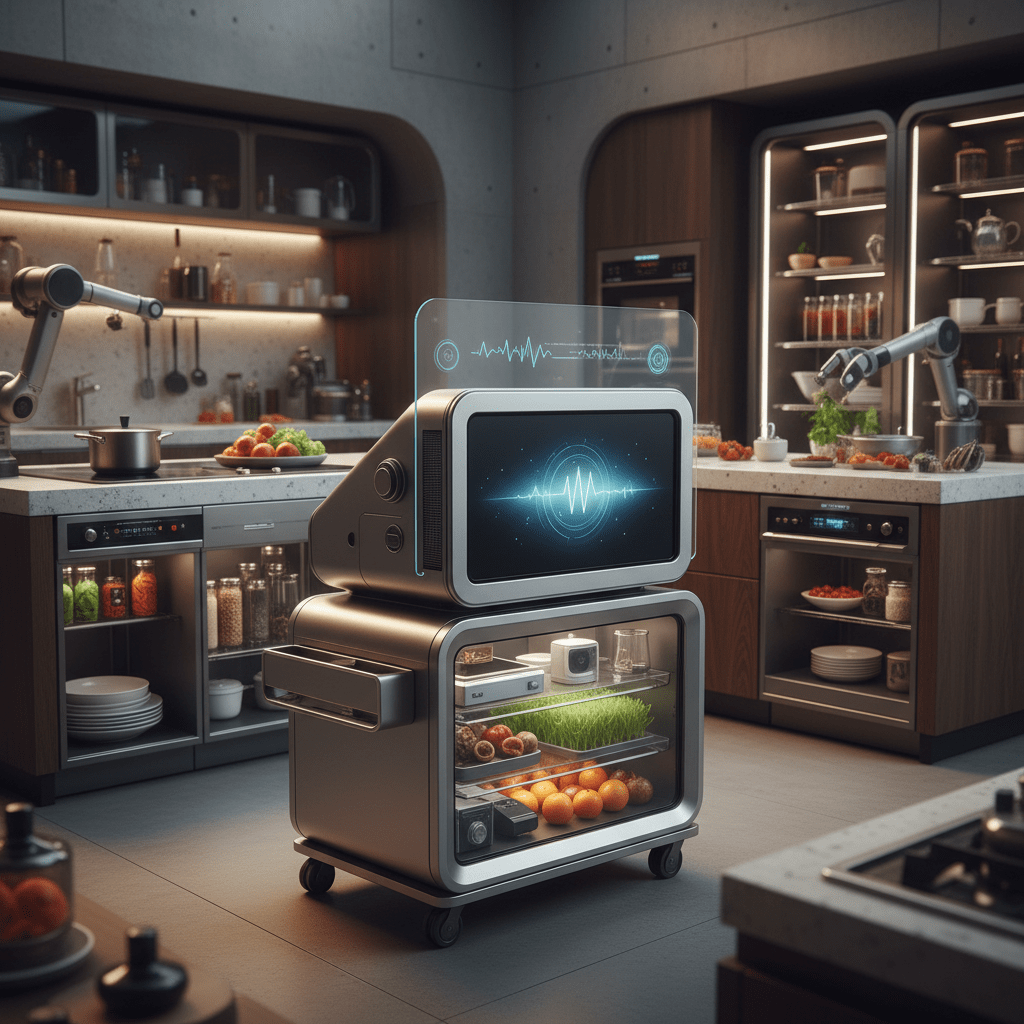 Futuristic compact TV on wheels in a modern kitchen, touchscreen and voice control.