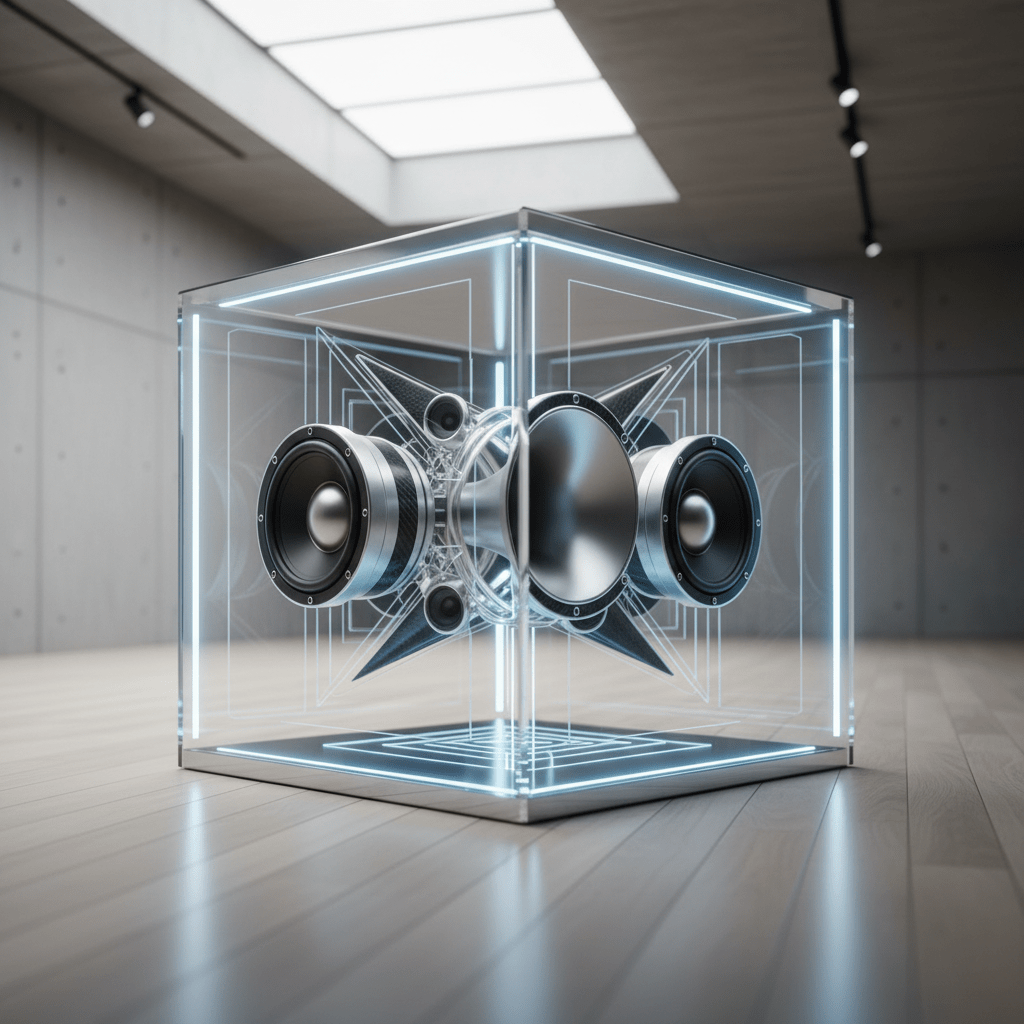 Transparent acrylic speaker enclosure with floating drivers and blue LED edge lighting.