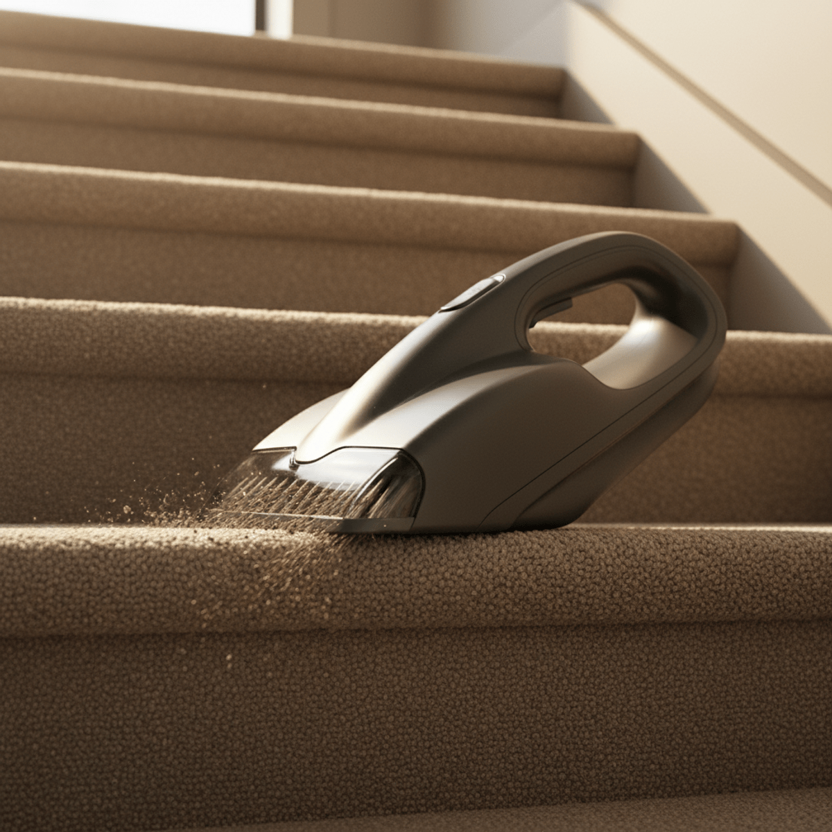 Powerful handheld carpet cleaner tackles staircase dirt Handheld carpet cleaner powerfully suctioning dirt from staircase carpet.