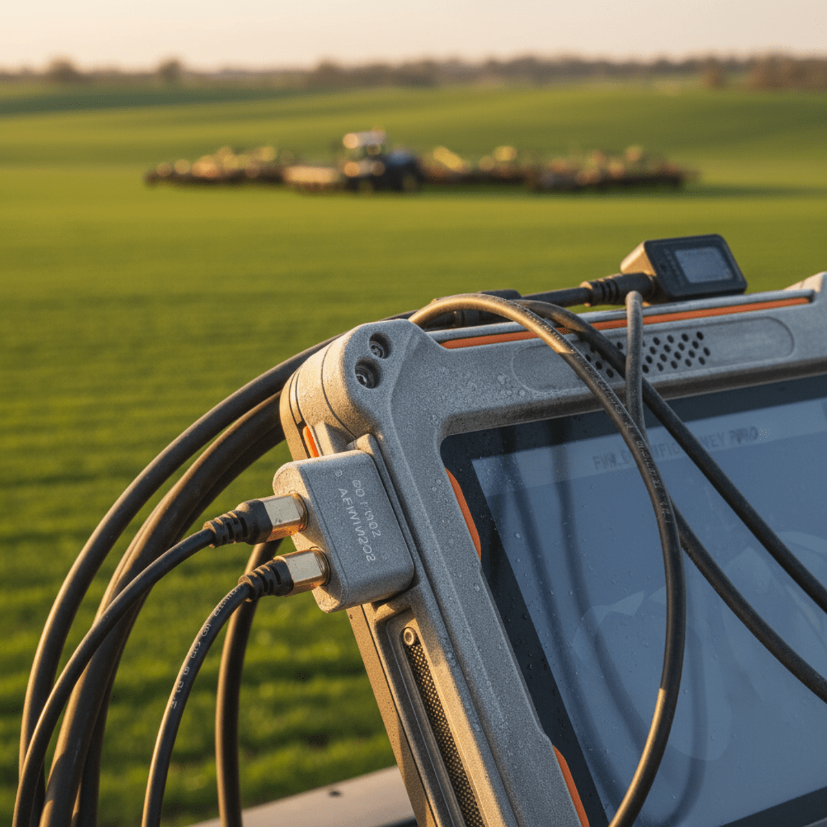 Rugged tablet with heavy-duty WiFi dongle in farm survey, showing durability.