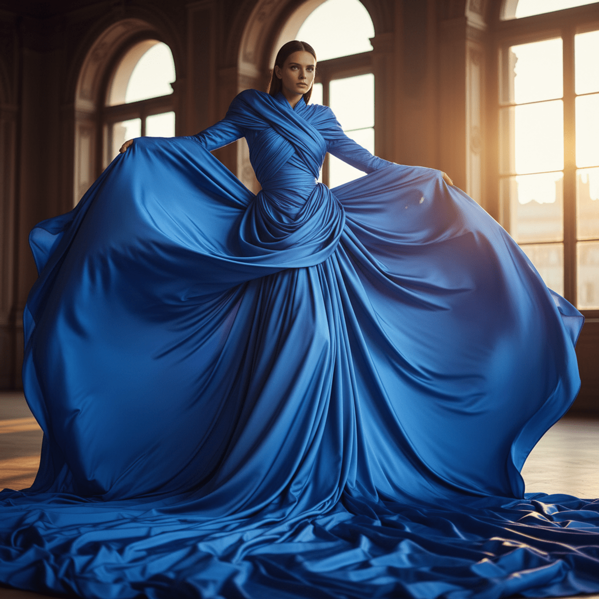Electric cobalt blue silk cascades dramatically around a model's torso in a gravity-defying silhouette.