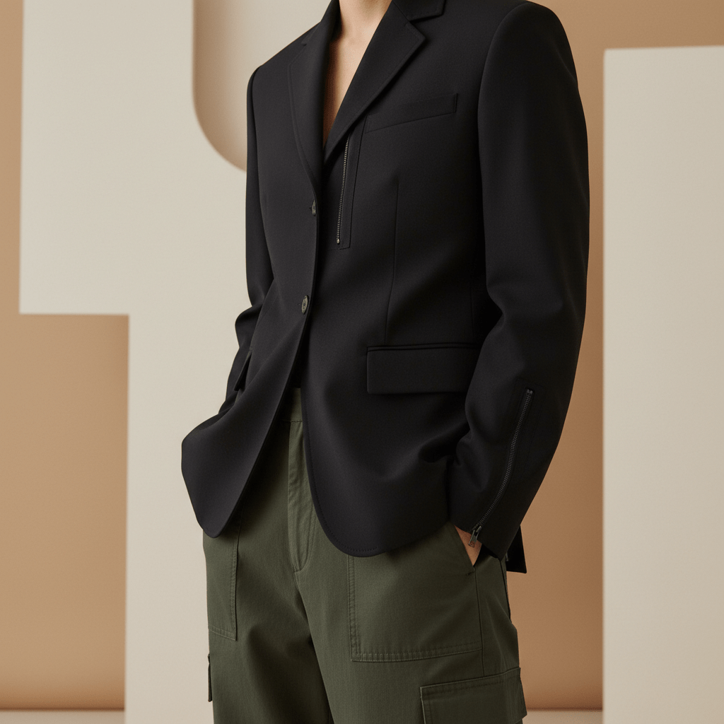 Structured black blazer with hidden zippers over olive trousers, showcasing tailored seams.