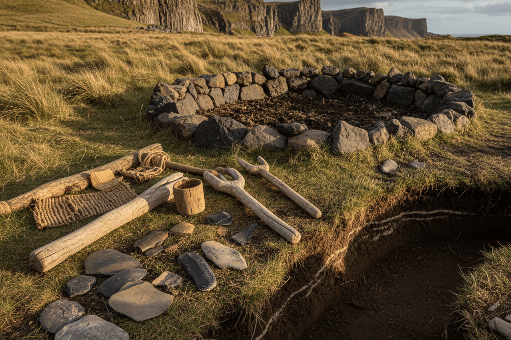 Medium shot of weathered stone tools, carved wood, and rock-lined soil features illustrating sustainable land management by Rapa Nui people