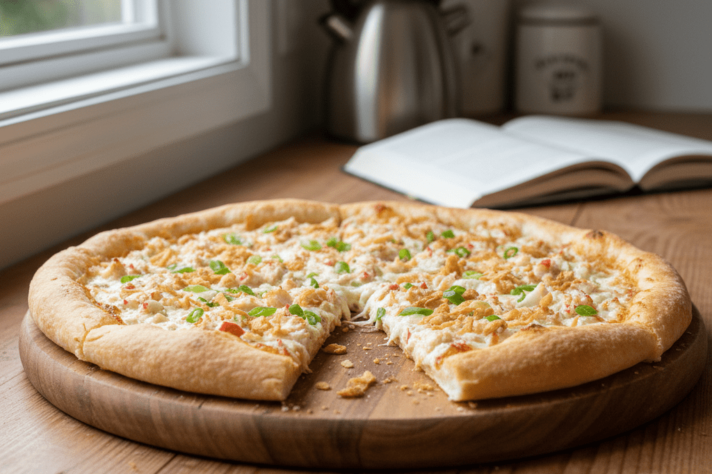Medium shot of a freshly baked Crab Rangoon Pizza with cream cheese, crab, and scallions on a wooden kitchen counter in natural light