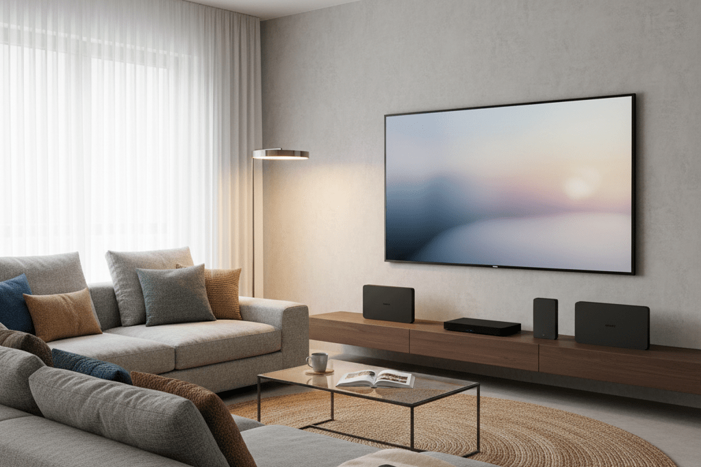 Cozy living room with mounted TV, streaming devices, and ambient lighting reflecting effortless home entertainment access