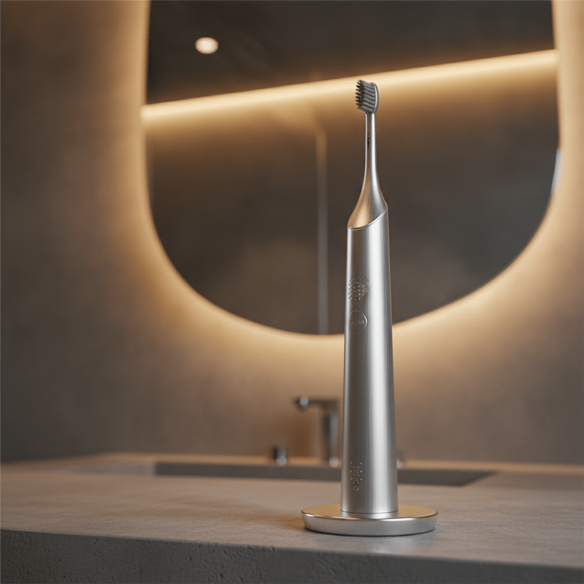 Luxury vibrating toothbrush with satin matte finish on charging puck.