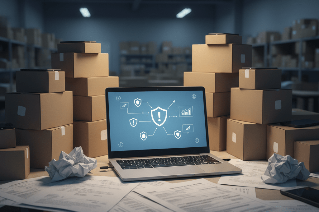 Wholesale electronics desk facing mobile security inventory challenges Cluttered wholesale desk with phone boxes and security alerts showing supply chain management crisis