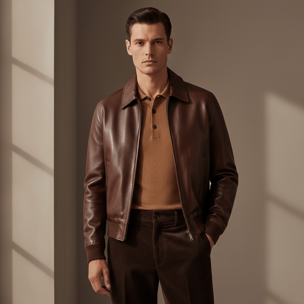 Man in classic brown leather bomber jacket, wool polo, and corduroy pants.