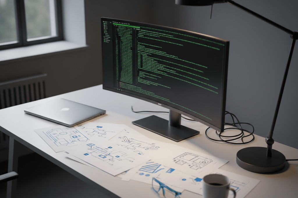Wide shot of a desk with laptop, papers, and coding monitor under ambient light, representing cybersecurity themes