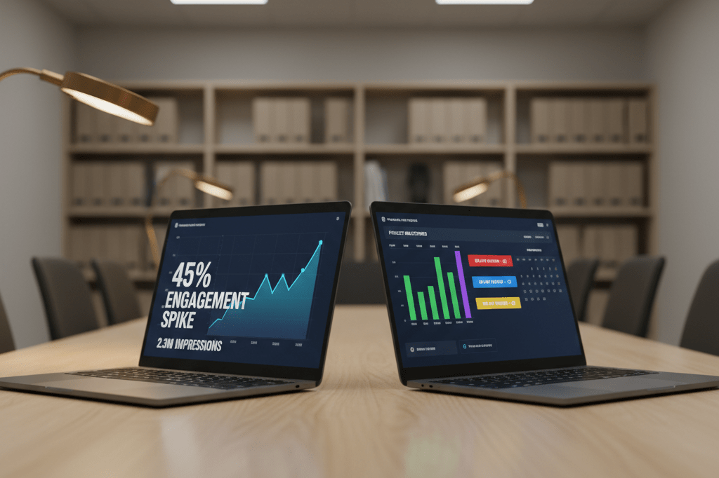 Professional business partnership analytics dashboard on dual laptops Two laptops on a conference table showing engagement metrics and 90-day milestone calendar, lit by natural office lighting