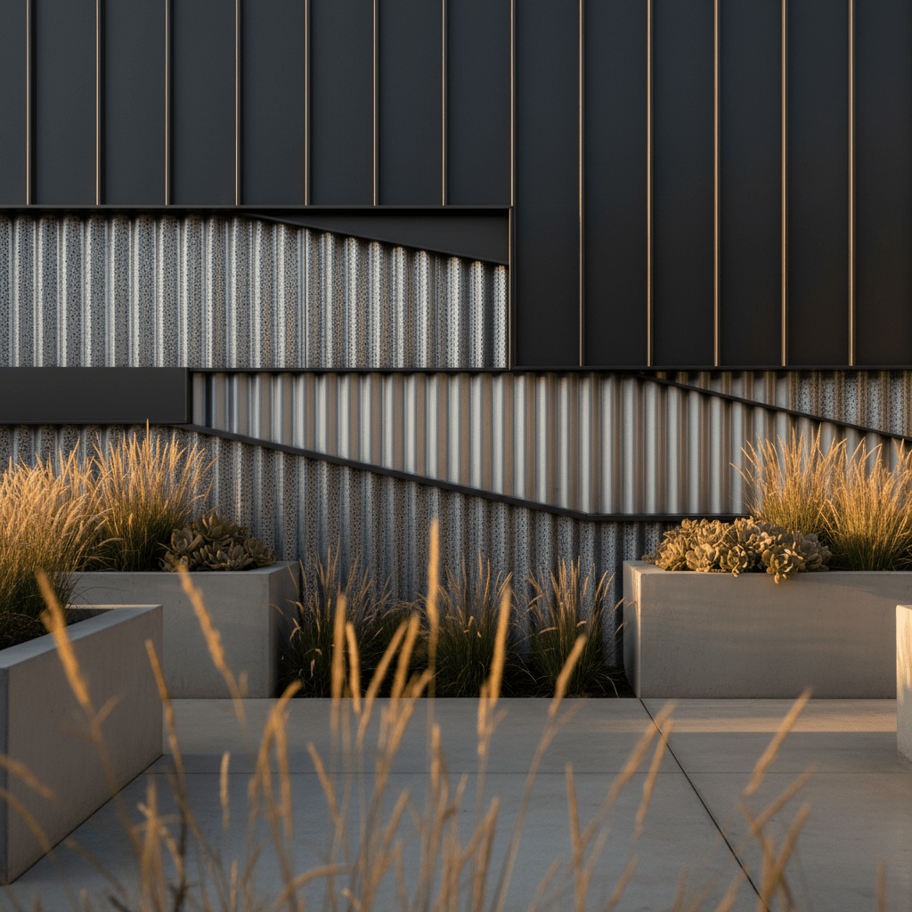 Layered corrugated metal fence panels create deep shadow lines in golden hour light.