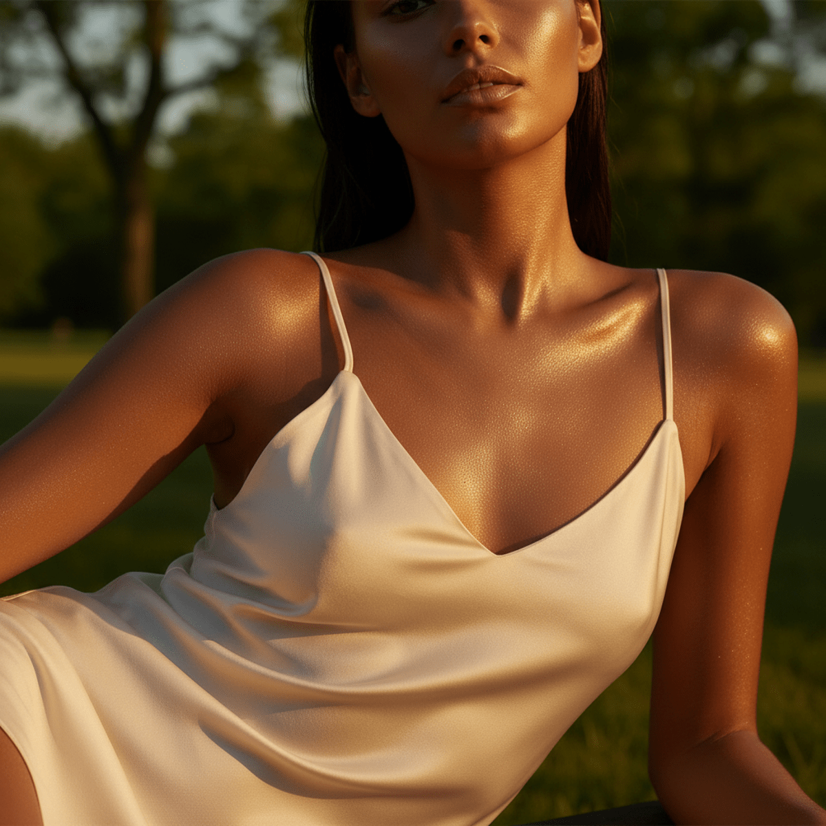 Model with luminous bronzed skin and hydrated sheen in golden hour light.