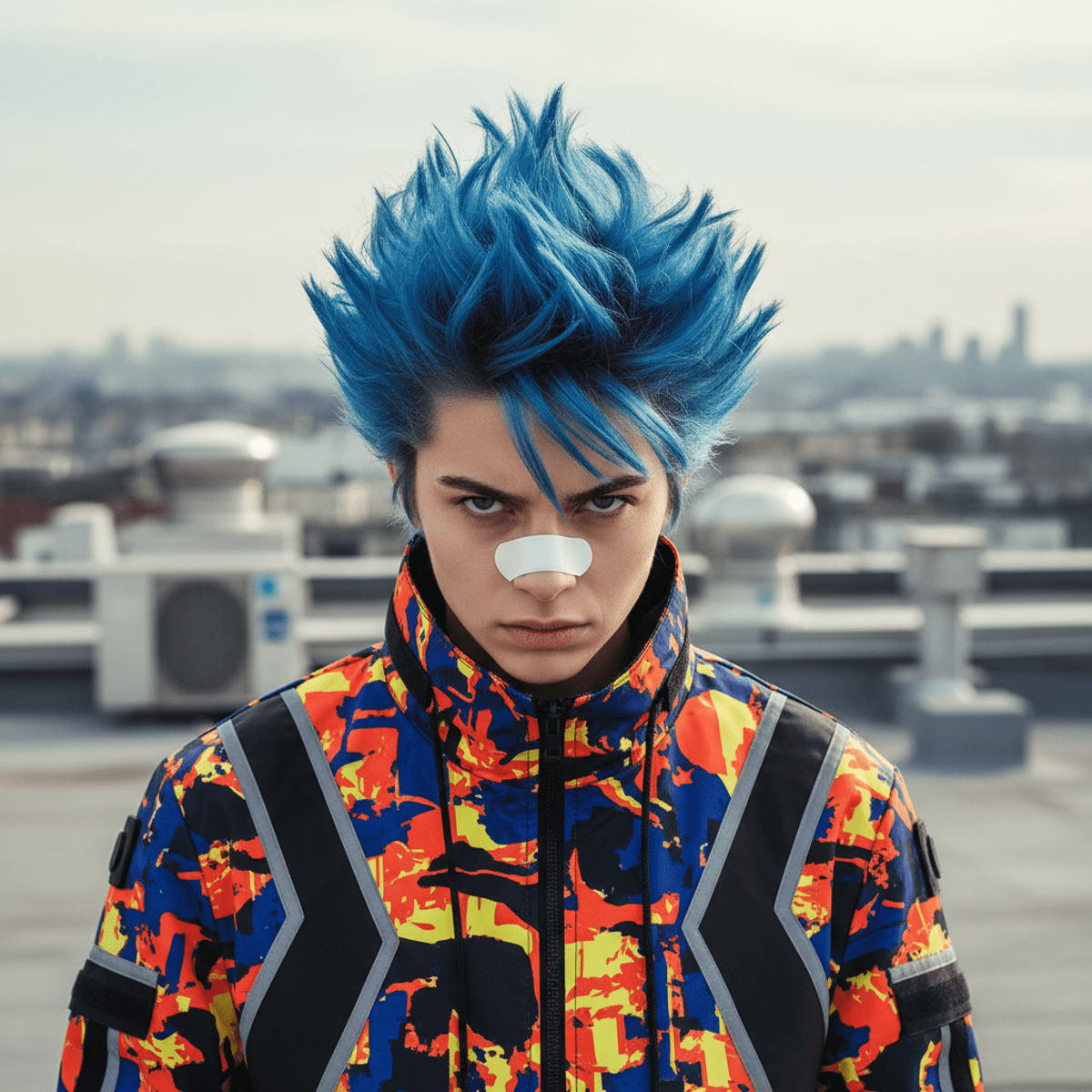 Anime-inspired streetwear enthusiast with blue hair and medical bandaid on urban rooftop.