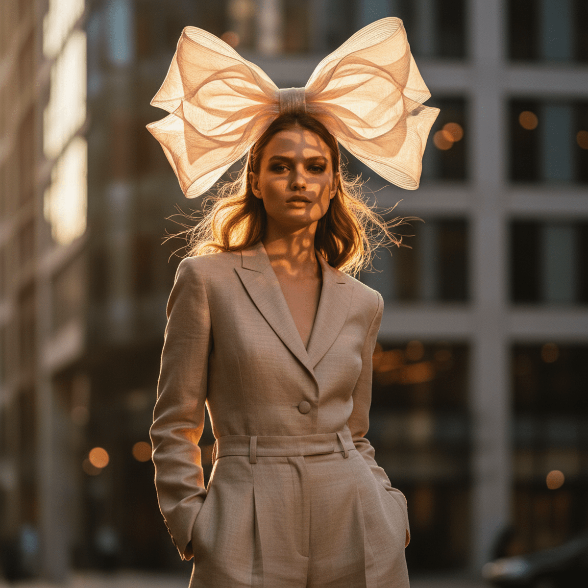 Model in golden hour light wears a gravity-defying 3D-printed bioplastic bow headband.