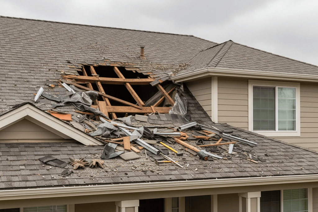 Wide shot of a suburban roof with a large hole caused by space debris, highlighting emergency response needs