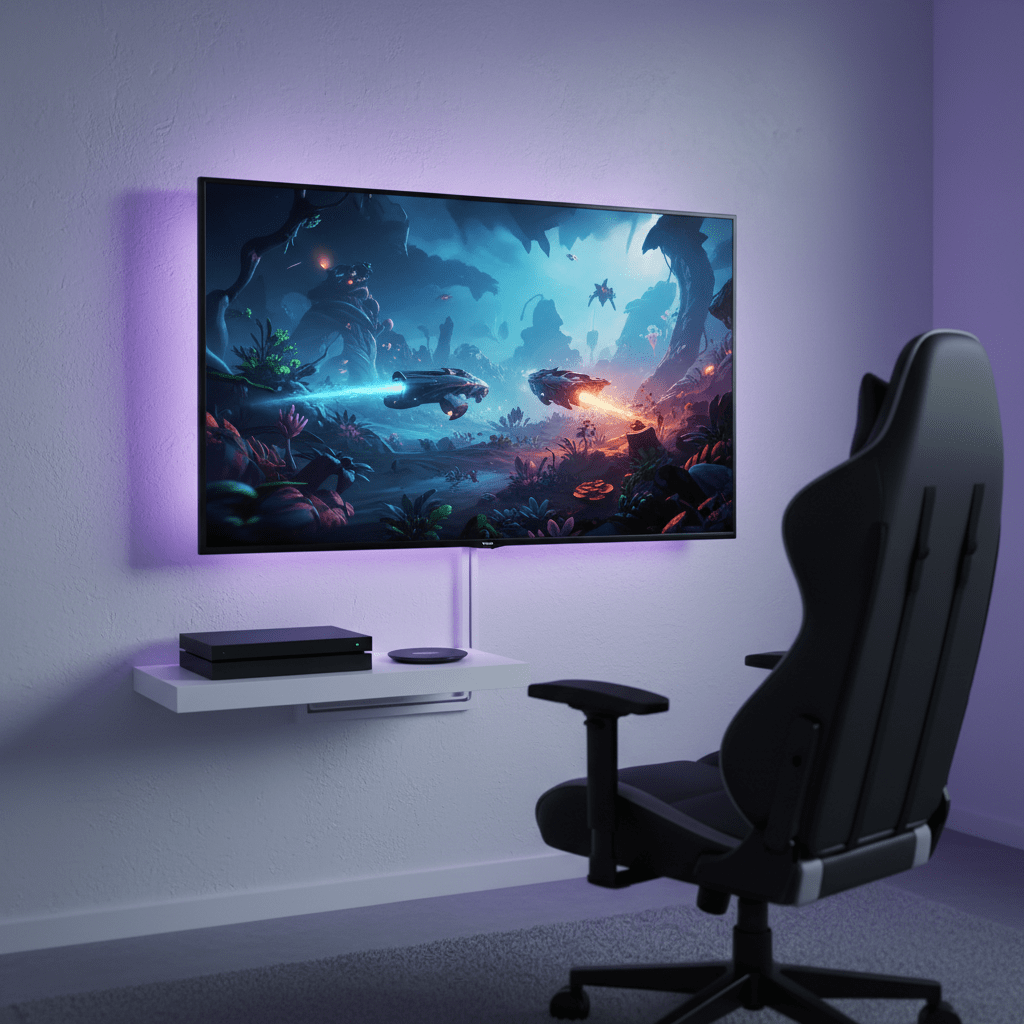 Sleek 4K TV in a minimalist dorm room gaming setup with diffused LED lighting.