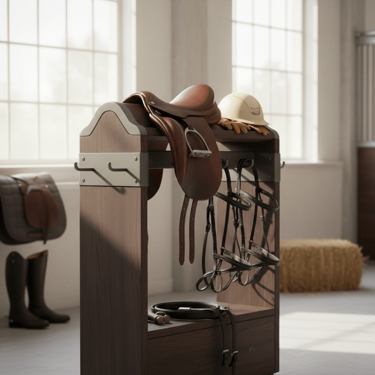Contemporary equestrian saddle rack organizer crafted from dark wood and matte steel.