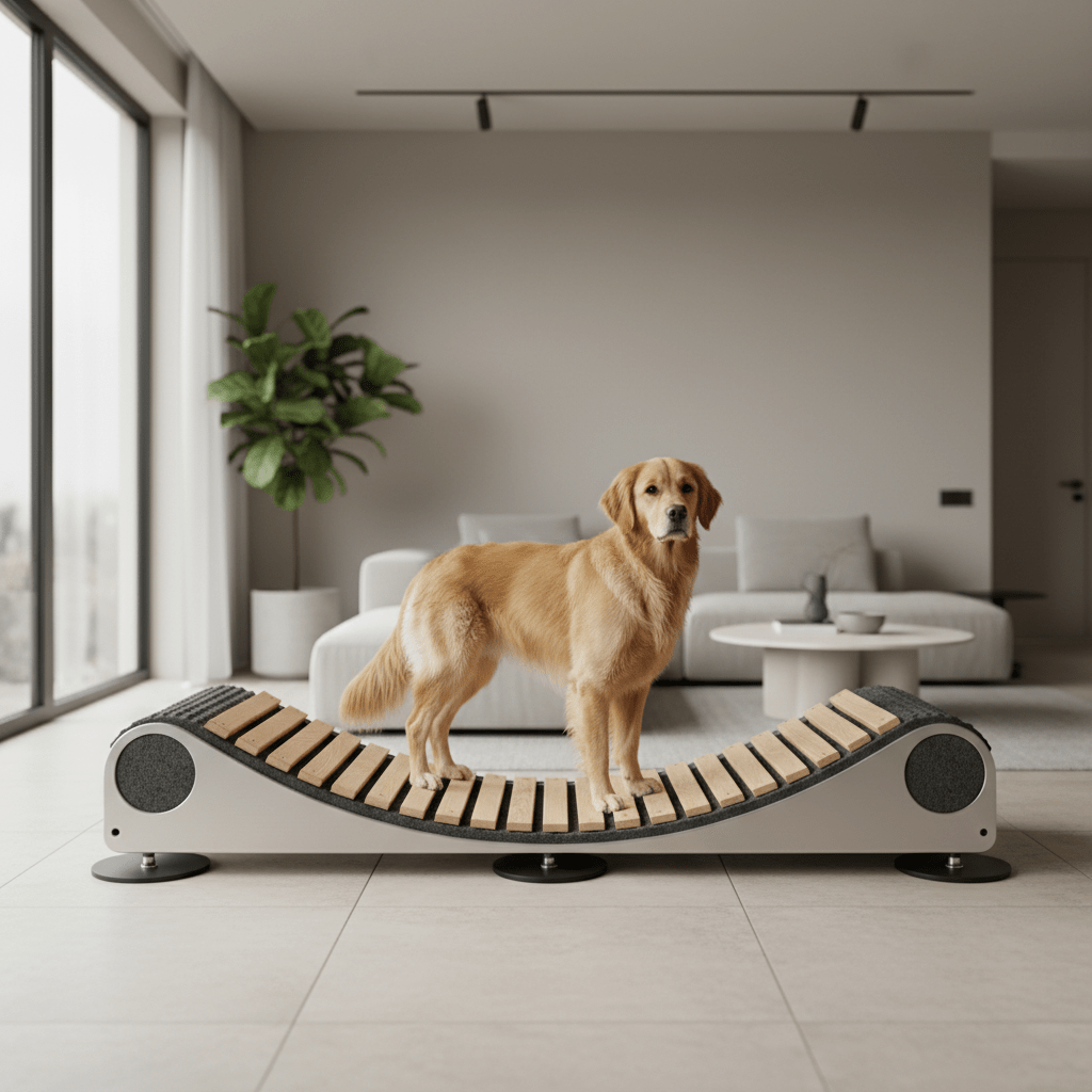 Golden retriever calmly stands on a modern dog treadmill with aluminum and wood.