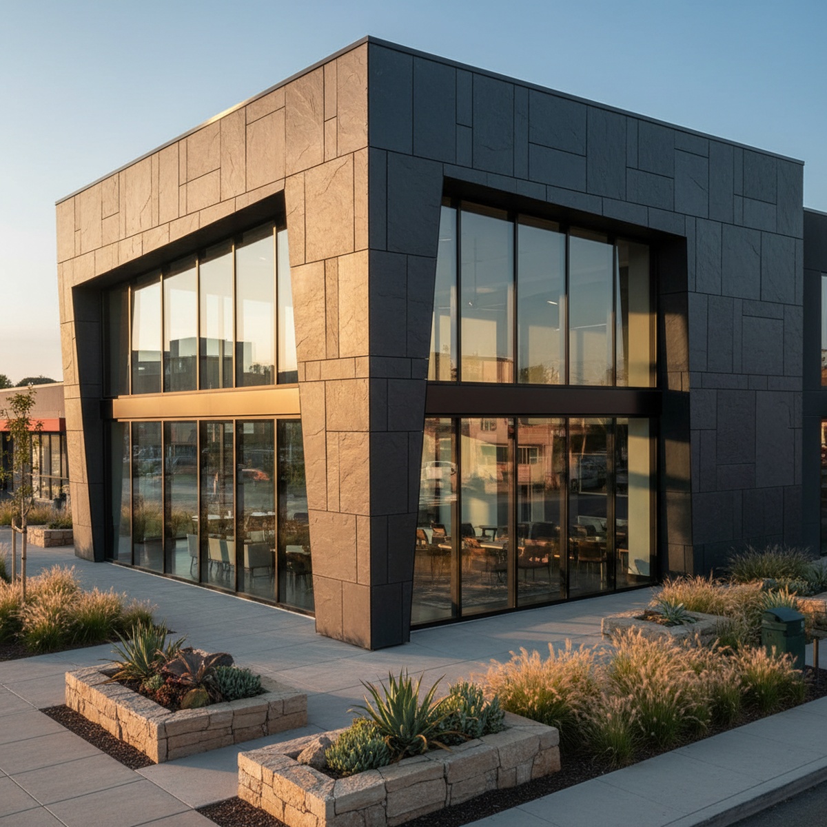 Contemporary building facade with bold carbon slate panels and glass curtain walls.