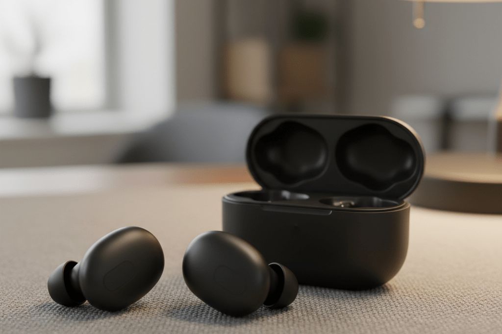 Close-up of affordable premium-style wireless earbuds and open charging case on soft gray fabric lit by daylight and warm lamp light