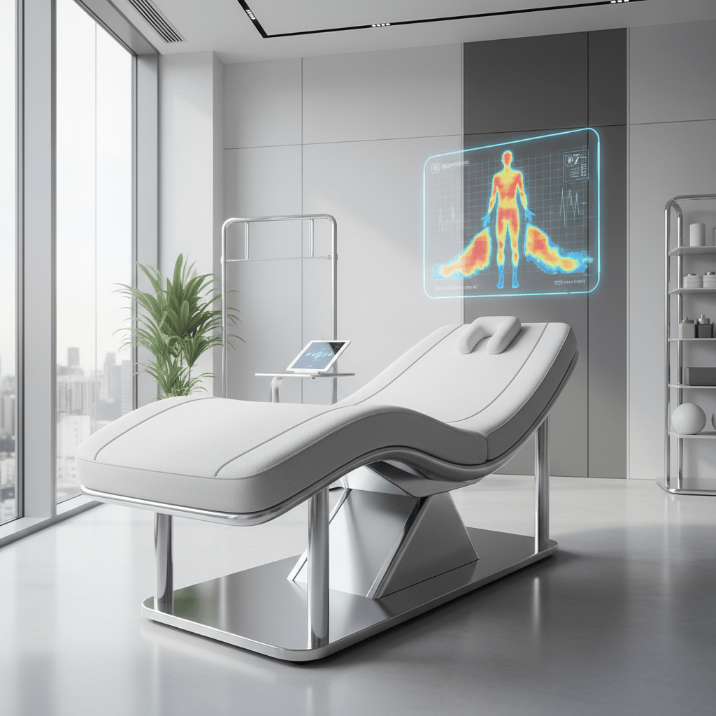 Advanced therapy table with holographic patient data display Sleek physical therapy table with holographic heat map in a clean, modern clinic.