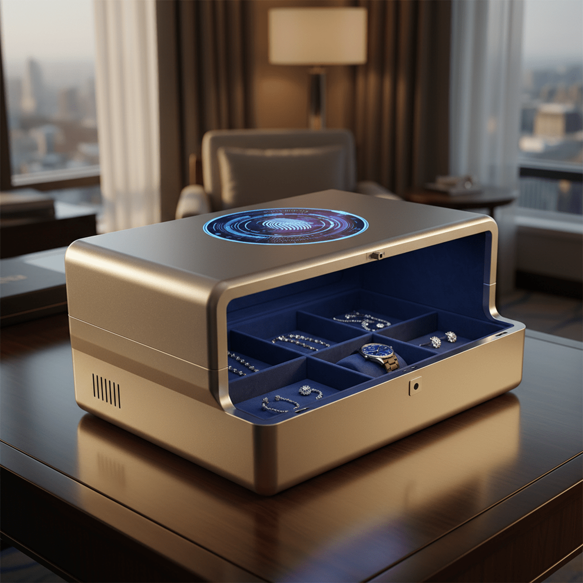 Futuristic biometric aluminum box with holographic display on a polished wooden desk.