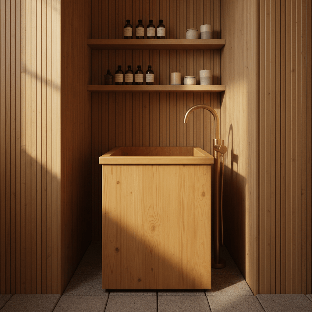 Minimalist alcove with hinoki wood tub, bamboo walls, and river stones.
