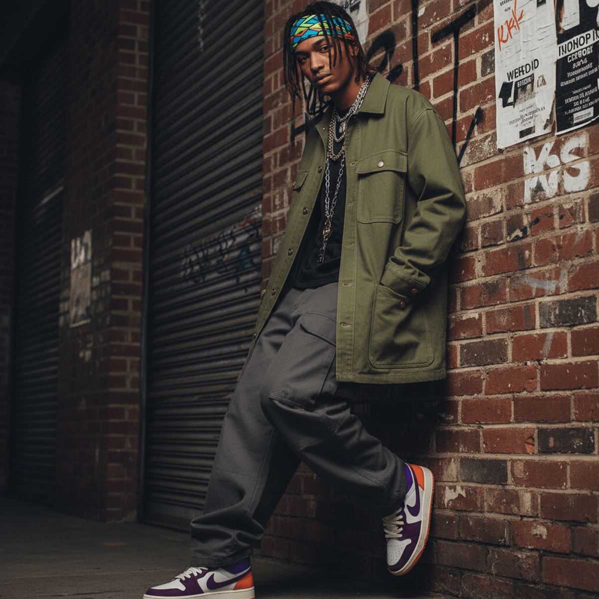 Model in 90s hip hop meets modern workwear, leaning against brick wall.
