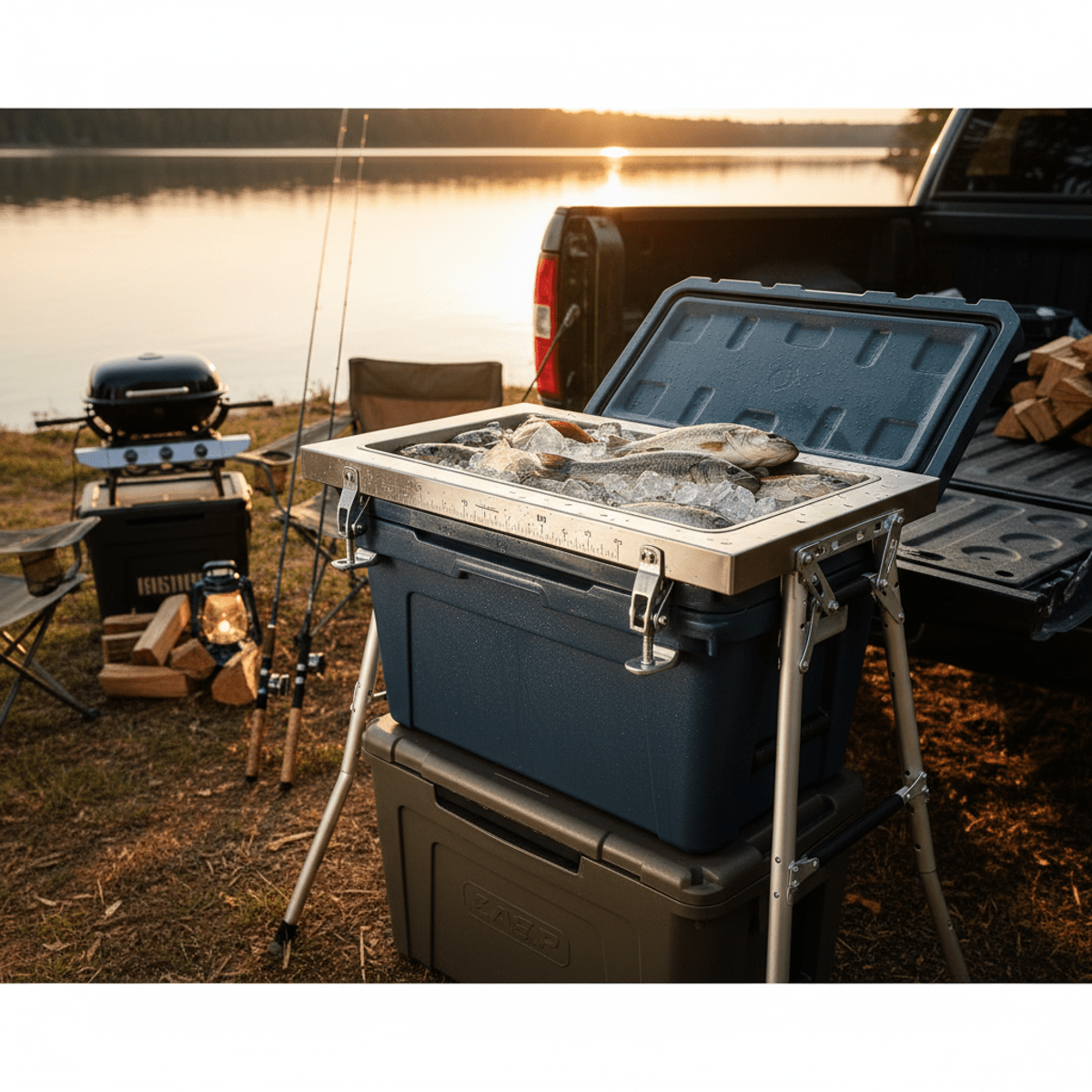 Multi-functional fishing table on cooler with stainless steel surface and gear.