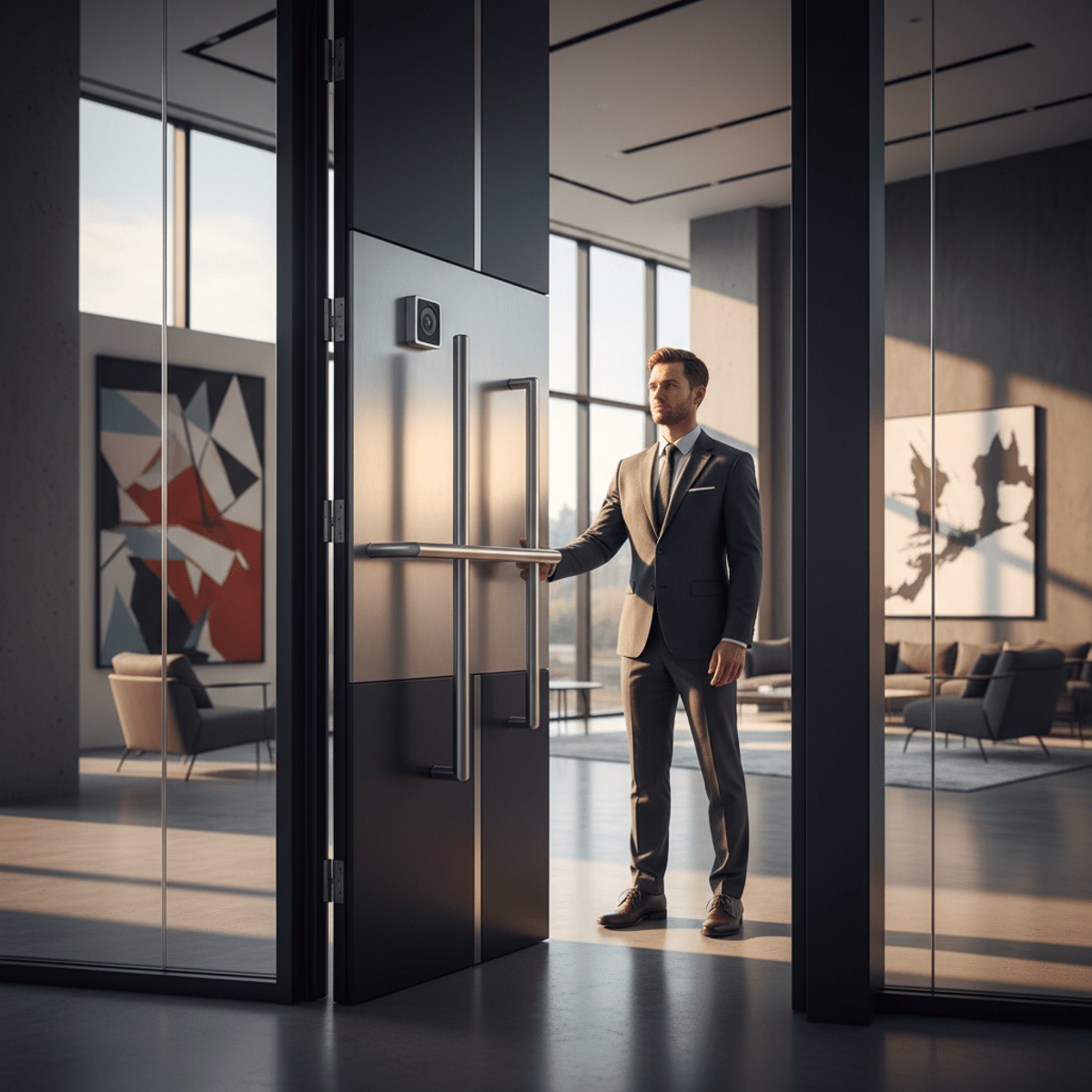 Contemporary auto door opener with facial recognition in golden hour light.