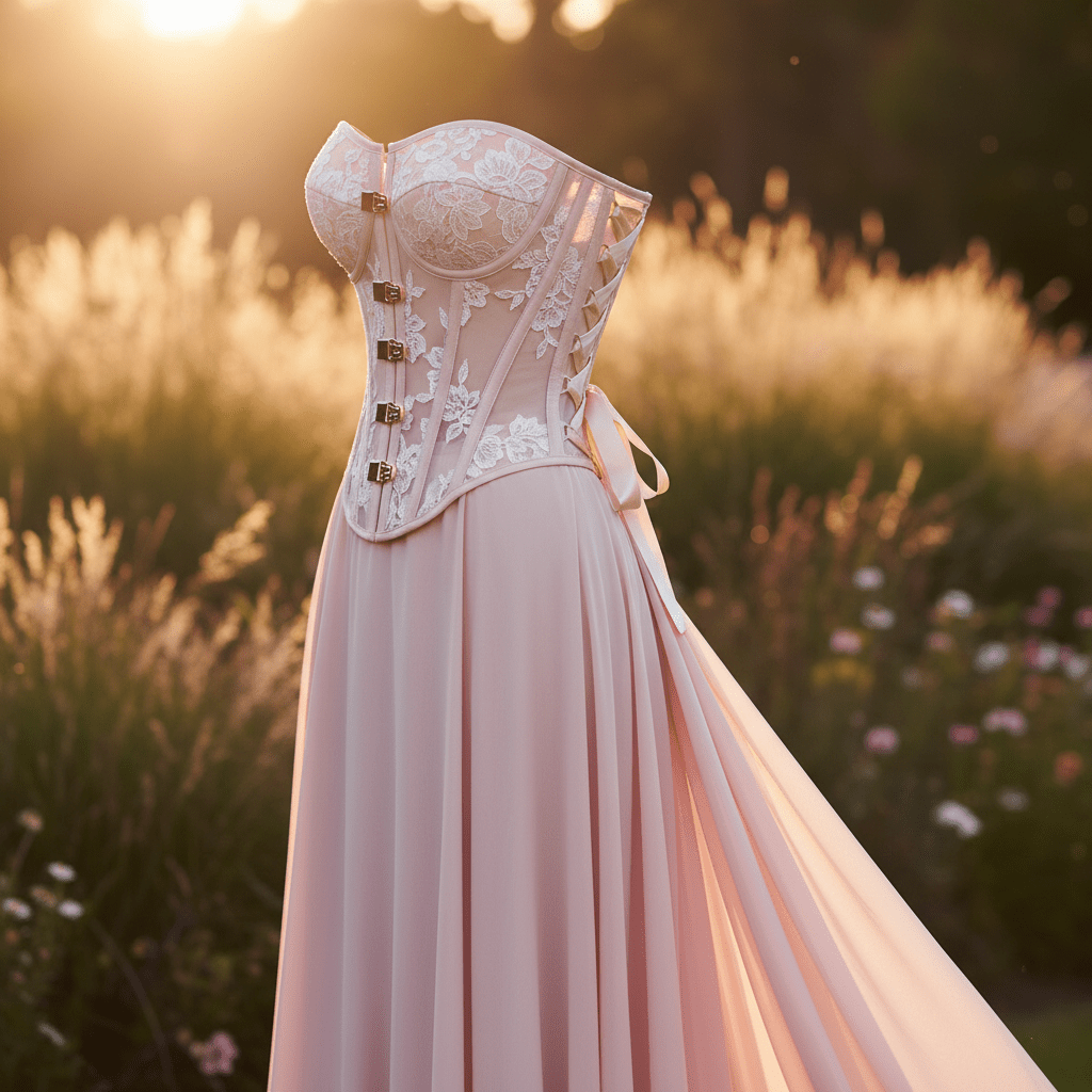 Modern corset prom dress with chiffon skirt and lace-up back in golden hour light.